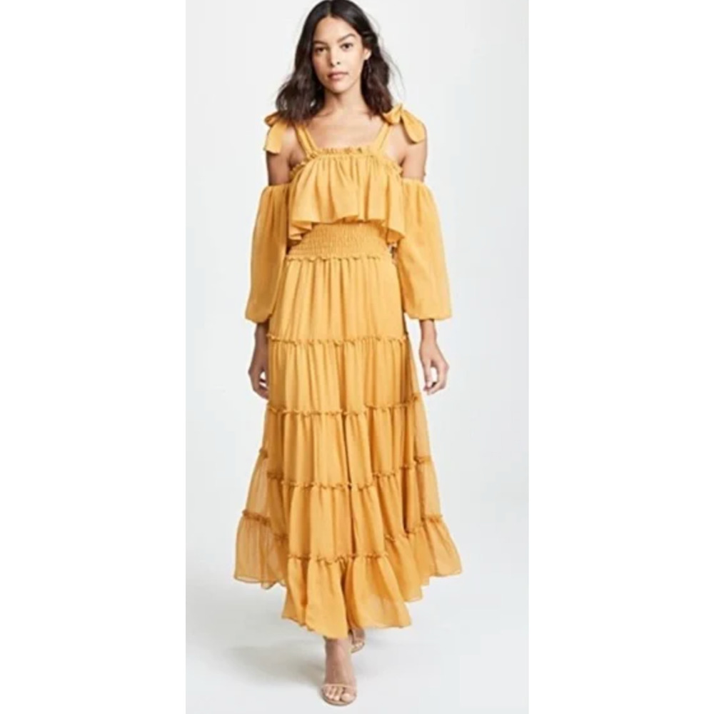 MISA LOS ANGELES ANTHROPOLOGIE NADINE OPEN SHOULDER CARMELA MAXI TIERED DRESS XS